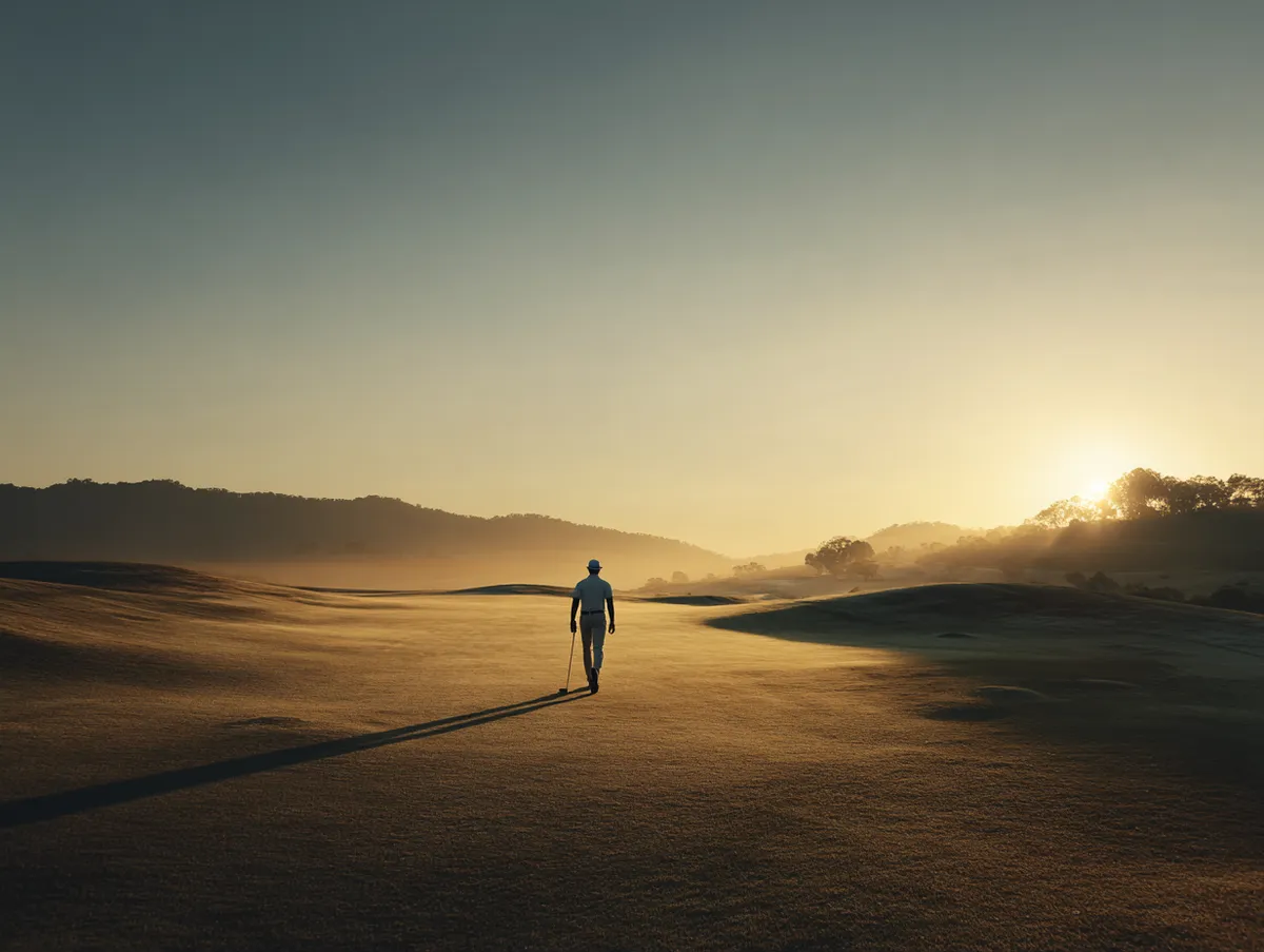 Scenic golf hole view with manicured fairway and distant treeline under blue skies